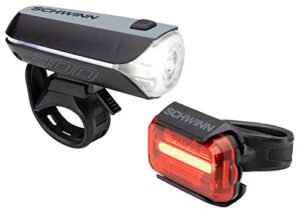 schwinn led bike light headlight and tailight, usb rechargeable, 300 lumen light set, black