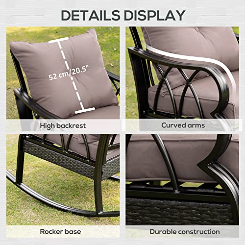 Outsunny Outdoor Wicker Rocking Chair with Padded Cushions, Aluminum Furniture Rattan Porch Rocker Chair w/Armrest for Garden, Patio, and Backyard, Grey