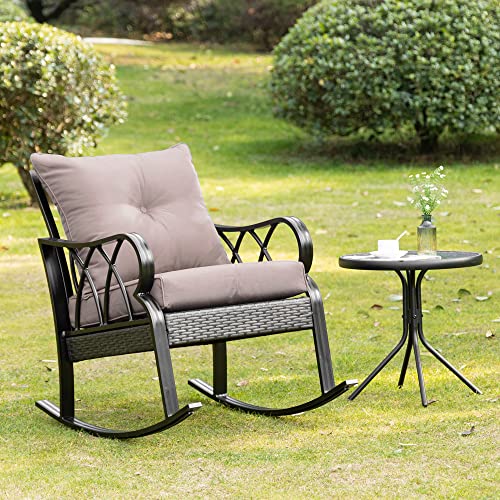 Outsunny Outdoor Wicker Rocking Chair with Padded Cushions, Aluminum Furniture Rattan Porch Rocker Chair w/Armrest for Garden, Patio, and Backyard, Grey