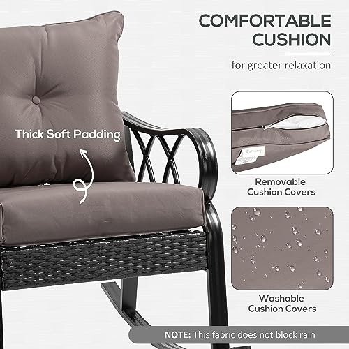 Outsunny Outdoor Wicker Rocking Chair with Padded Cushions, Aluminum Furniture Rattan Porch Rocker Chair w/Armrest for Garden, Patio, and Backyard, Grey