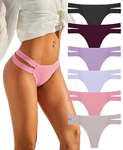 Knowyou 6 Pack Seamless Thongs for Women Sexy No Show Breathable Underwear Stretch Straps T-Back Tangas Panties for Ladies-A-M