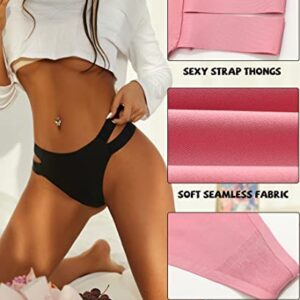 Knowyou 6 Pack Seamless Thongs for Women Sexy No Show Breathable Underwear Stretch Straps T-Back Tangas Panties for Ladies-A-M