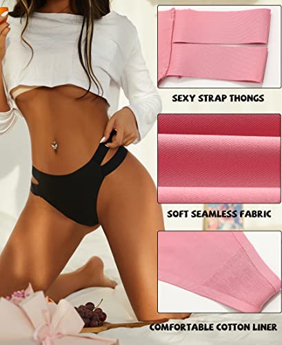 Knowyou 6 Pack Seamless Thongs for Women Sexy No Show Breathable Underwear Stretch Straps T-Back Tangas Panties for Ladies-A-M