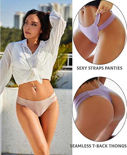 Knowyou 6 Pack Seamless Thongs for Women Sexy No Show Breathable Underwear Stretch Straps T-Back Tangas Panties for Ladies-A-M