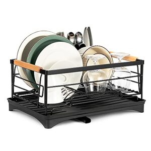 Flaovoth Dish Drying Rack, Dish Drainers for Kitchen Counter Dish Rack with Drying Drainboard and Utensil Holder, Rust-Proof Stainless Steel, Black, 16.65’’L x 11.93’’ W x 6.41’’H