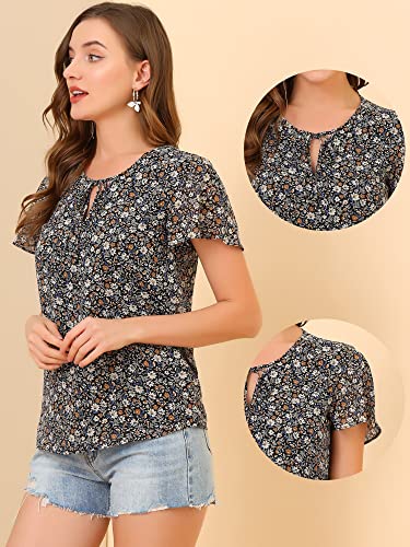 Allegra K Floral Blouse for Women's Short Sleeve Ruffled Tie Neck Blouse Small Black