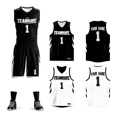 Custom Men Youth Reversible Basketball Jersey Uniform Printed Personalized Name Number Sportswear Big Size, Black&white-20, One Size