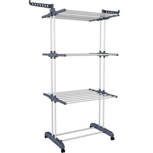 HOMIDEC Clothes Drying Rack, Oversized 4-Tier(67.7" High) Foldable Stainless Steel Drying Rack Clothing, Movable Drying Rack with 4 castors, 24 Drying Poles & 14 Hooks for Bed Linen, Clothing, Grey