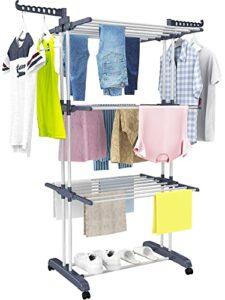 homidec clothes drying rack, oversized 4-tier(67.7" high) foldable stainless steel drying rack clothing, movable drying rack with 4 castors, 24 drying poles & 14 hooks for bed linen, clothing, grey