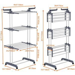 HOMIDEC Clothes Drying Rack, Oversized 4-Tier(67.7" High) Foldable Stainless Steel Drying Rack Clothing, Movable Drying Rack with 4 castors, 24 Drying Poles & 14 Hooks for Bed Linen, Clothing, Grey