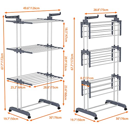 HOMIDEC Clothes Drying Rack, Oversized 4-Tier(67.7" High) Foldable Stainless Steel Drying Rack Clothing, Movable Drying Rack with 4 castors, 24 Drying Poles & 14 Hooks for Bed Linen, Clothing, Grey