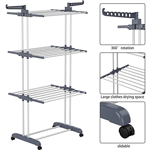 HOMIDEC Clothes Drying Rack, Oversized 4-Tier(67.7" High) Foldable Stainless Steel Drying Rack Clothing, Movable Drying Rack with 4 castors, 24 Drying Poles & 14 Hooks for Bed Linen, Clothing, Grey