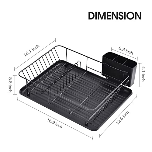 TOOLF Dish Drying Rack, Large Capacity Dish Rack, Dish Drainer with Cutlery Holder, Removable Drip Tray, Cup Holder, Compact Kitchen Drainers for Countertop, Black