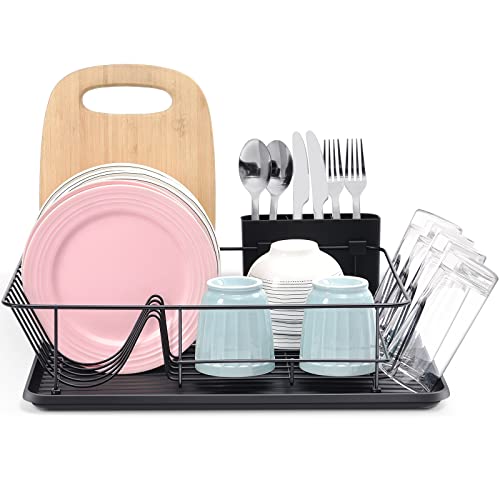 TOOLF Dish Drying Rack, Large Capacity Dish Rack, Dish Drainer with Cutlery Holder, Removable Drip Tray, Cup Holder, Compact Kitchen Drainers for Countertop, Black