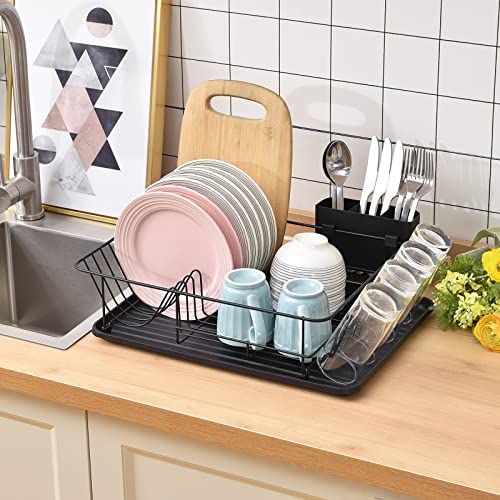 TOOLF Dish Drying Rack, Large Capacity Dish Rack, Dish Drainer with Cutlery Holder, Removable Drip Tray, Cup Holder, Compact Kitchen Drainers for Countertop, Black