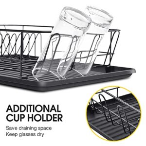 TOOLF Dish Drying Rack, Large Capacity Dish Rack, Dish Drainer with Cutlery Holder, Removable Drip Tray, Cup Holder, Compact Kitchen Drainers for Countertop, Black