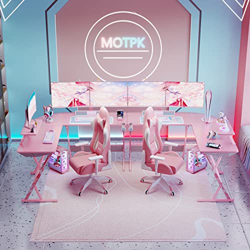 MOTPK Pink Gaming Desk L Shaped, 51 Inch Gamer Desk Gaming Table with Carbon Fiber Texture, Corner Computer Desk L Shape with Monitor Stand & Cup Holder & Headphone Hook, for Women & Girls Gift