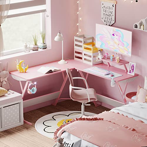 MOTPK Pink Gaming Desk L Shaped, 51 Inch Gamer Desk Gaming Table with Carbon Fiber Texture, Corner Computer Desk L Shape with Monitor Stand & Cup Holder & Headphone Hook, for Women & Girls Gift