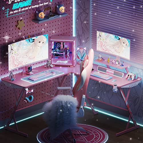 MOTPK Pink Gaming Desk L Shaped, 51 Inch Gamer Desk Gaming Table with Carbon Fiber Texture, Corner Computer Desk L Shape with Monitor Stand & Cup Holder & Headphone Hook, for Women & Girls Gift