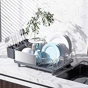 TOOLF Dish Rack, 304 Stainless Steel Dish Drying Rack for Kitchen Counter, Dish Drainer with Cutlery Holder for Large Capacity, Grey