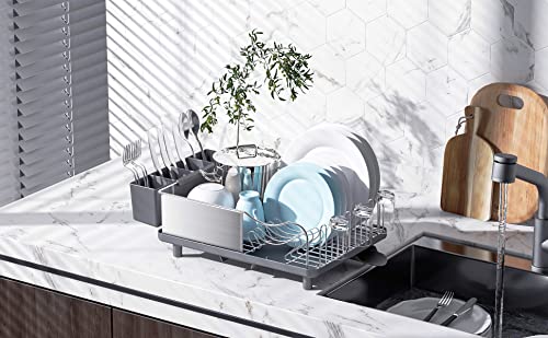 TOOLF Dish Rack, 304 Stainless Steel Dish Drying Rack for Kitchen Counter, Dish Drainer with Cutlery Holder for Large Capacity, Grey