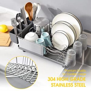 TOOLF Dish Rack, 304 Stainless Steel Dish Drying Rack for Kitchen Counter, Dish Drainer with Cutlery Holder for Large Capacity, Grey