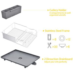 TOOLF Dish Rack, 304 Stainless Steel Dish Drying Rack for Kitchen Counter, Dish Drainer with Cutlery Holder for Large Capacity, Grey