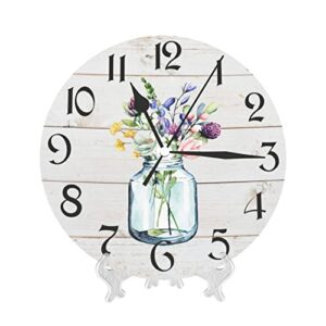 DADABULIU Wall Clock Spring Flower Rustic Country Silent Non-Ticking 10 Inch Round Clocks PVC Battery Operated Quartz Analog for Living Room Kitchen Bedroom Bathroom Office Home School Decor