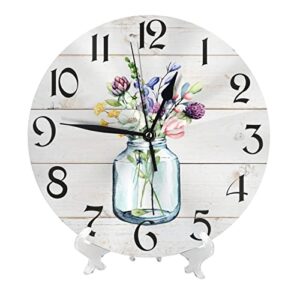 DADABULIU Wall Clock Spring Flower Rustic Country Silent Non-Ticking 10 Inch Round Clocks PVC Battery Operated Quartz Analog for Living Room Kitchen Bedroom Bathroom Office Home School Decor