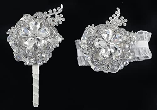 2 Pack Corsage Wristlet Luxury Dazzle Crystal Diamond Boutonniere Set Wrist*1 for bride and Corsage*1 for groom on Wedding Party