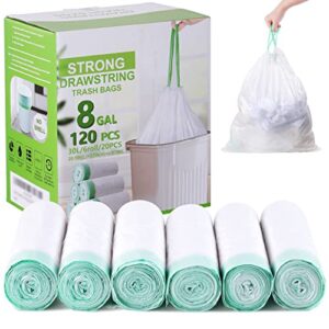 hawnn 8 gallon trash bag 120 count, unscented strong drawstring garbage bag fit 30 litter trash can, for kitchen, bathroom, bedroom, office ( green )