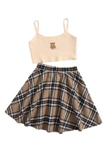 wdirara girl's 2 piece cute outfits cartoon print cami top and plaid skirt set multicolored 11-12y
