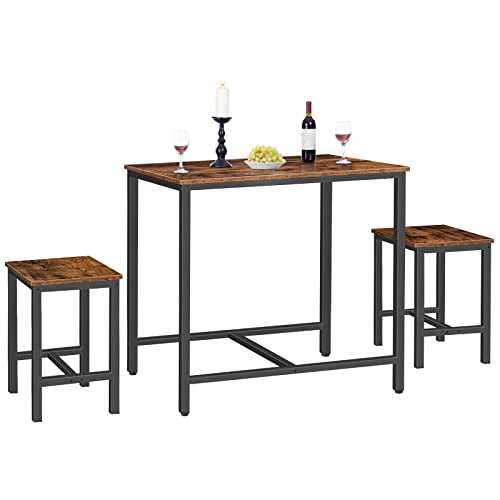 HOOBRO Dining Table Set, Bar Table and Chairs Set, Kitchen Table and Bar Stools, 3-Piece Breakfast Table Set for Kitchen, Living Room, Party, Rustic Brown and Black BF75CZ01G1