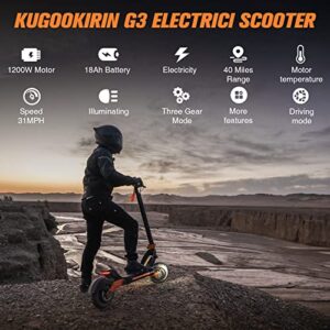 Electric Scooter, Kugookirin G3 Electric Scooter for Adults Powerful 1200W Motor Up to 31 mph, 10.5" Off Road Tires 52V/18Ah Large Capacity, Dual Brake Folding Fast e Scooter for Adult (G3/1200W/18AH)