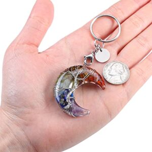 MANIFO 7 Chakra Crystal Keyring Wire Wrapped Moon Gemstone Healing Quartz Crystals Stone Keychain Jewelry for Women