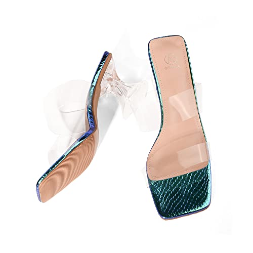 oripalla ORIPLALLA Green Clear Heels Sandals for Women Shoes Sexy Square Toe Block Heels Dress Shoes Non Slip Holographic-7.5