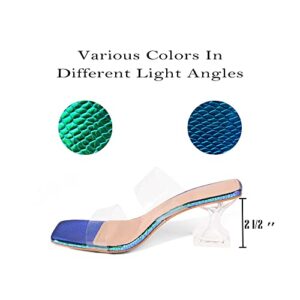 oripalla ORIPLALLA Green Clear Heels Sandals for Women Shoes Sexy Square Toe Block Heels Dress Shoes Non Slip Holographic-7.5