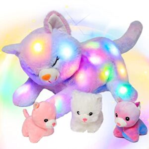 hopearl led plush cat light up stuffed mommy cat with 3 baby kittens in her tummy stuffed animal playset night lights glow in the dark for mom kids toddler girls, rainbow, 18''