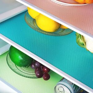 elyum 12 pcs refrigerator liners, washable eva refrigerator mats fridge shelf liners cuttable fridge mats pads for drawer table shelves cabinet (4 blue 4 green 4 pink, 17.7 x 11.4 inch)