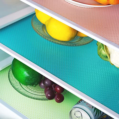 Elyum 12 Pcs Refrigerator Liners, Washable EVA Refrigerator Mats Fridge Shelf Liners Cuttable Fridge Mats Pads for Drawer Table Shelves Cabinet (4 Blue 4 Green 4 Pink, 17.7 x 11.4 Inch)