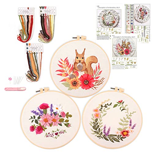 Harimau 3 Sets Embroidery Starter Kit with Pattern and Instructions,Cross Stitch Kits , Including Stamped Embroidery Cloth with 1 Embroidery Hoops, Color Threads and Embroidery Kits