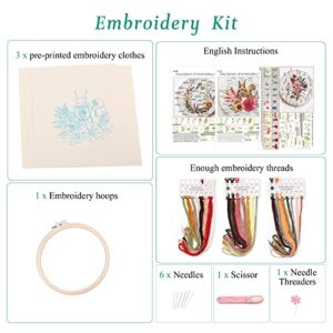Harimau 3 Sets Embroidery Starter Kit with Pattern and Instructions,Cross Stitch Kits , Including Stamped Embroidery Cloth with 1 Embroidery Hoops, Color Threads and Embroidery Kits