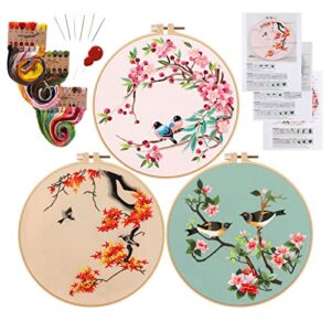 anidaroel 3 sets embroidery starters kit for beginners, cross stitch kits for adults include 3 embroidery cloth with birds pattern, 1 embroidery hoop, color threads and needles
