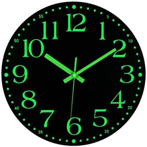 jofomp wooden glow in the dark clock, 12 inch silent non-ticking battery operated clock, energy-absorbing luminous numerals and hands, lighted wall clock decoration for bedroom living room