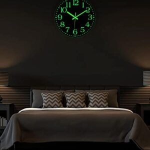 JoFomp Wooden Glow in The Dark Clock, 12 inch Silent Non-Ticking Battery Operated Clock, Energy-Absorbing Luminous Numerals and Hands, Lighted Wall Clock Decoration for Bedroom Living Room