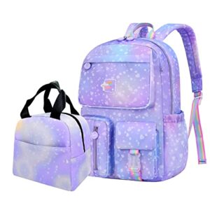 school backpacks for teen girls laptop backpack with lunch bag，cute waterproof travel bookbags purple