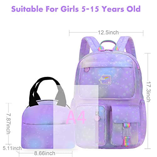 School Backpacks for Teen Girls Laptop Backpack with Lunch Bag，Cute waterproof Travel Bookbags Purple