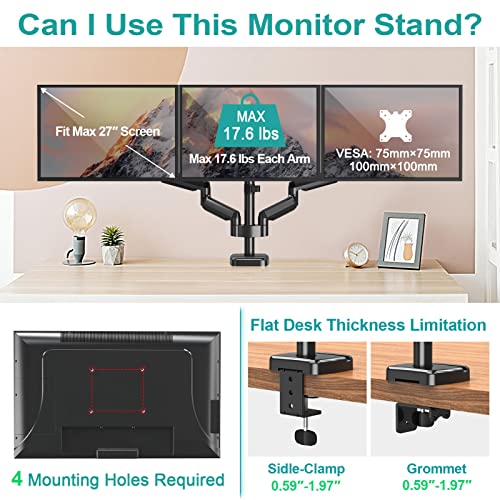 MOUNT PRO Triple Monitor Mount, 3 Monitor Desk Arm fits Three Max 27" LCD Computer Screens, up to 19.8lbs Each, Premium Gas Spring Monitor Stand with Tilt Swivel Rotation, Vesa Mount 75x75,100x100