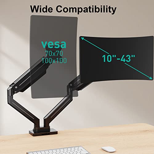 MOUNT PRO Dual Monitor Mount for 2 Ultrawide Computer Screen Max 43 Inch/37.5lbs Each, Premium Long Monitor Arm, Heavy Duty Gas Spring Monitor Stand for 2 Monitors, VESA Desk Mount 75x75 100x100