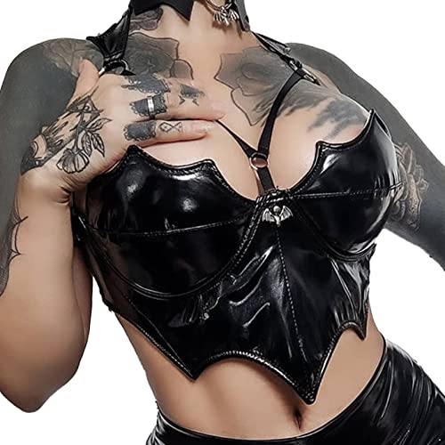 iiniim Women Wetlook Latex Leather Sexy Camis Streetwear Aesthetic Punk Grunge Top Tank Shirt Black Large